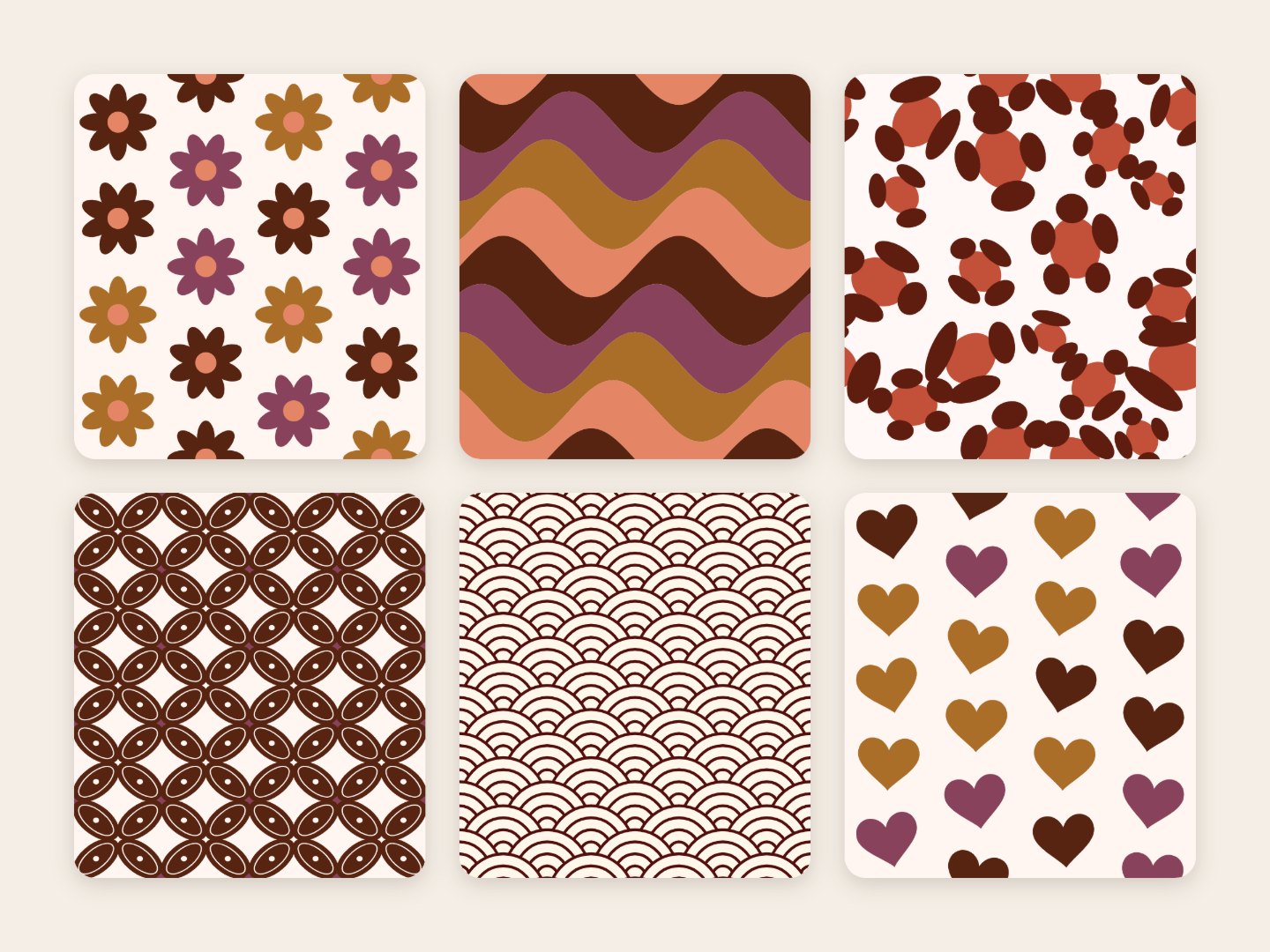 Six seamless patterns: daisies, wavy stripes, leopard spots, batik kawung, waves, and hearts